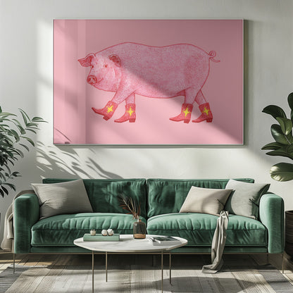 A whimsical illustration of a large pink pig walking to the left, wearing a set of four red cowboy boots, each decorated with a yellow star. The background is a solid light pink, and the artwork is enclosed in a silver frame. Artwork
