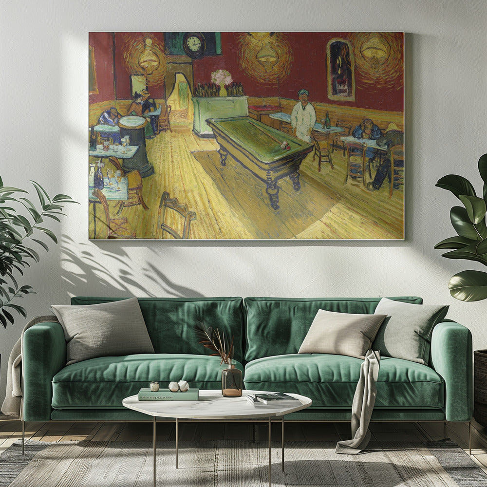 The Night Café by Vincent van Gogh, a famous post-impressionist painting depicting the interior of a late-night café. The room features a central green billiard table, stark red walls, and a bright yellow floor, all illuminated by glowing ceiling lamps. A few patrons are scattered at tables, creating a somber atmosphere. Decor