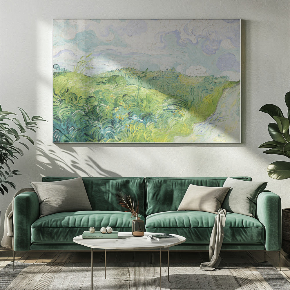 A framed art print of Vincent van Gogh's painting, 'Green Wheat Fields, Auvers'. It showcases a vibrant landscape of rolling green hills under a swirling blue and white sky, all rendered in his signature expressive, impasto brushwork. Print