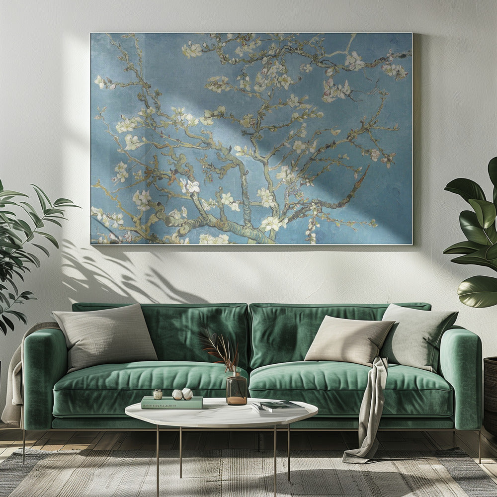 A framed print of Vincent van Gogh's painting 'Almond Blossom,' featuring delicate white blossoms on gnarled branches set against a vibrant turquoise-blue sky. Poster