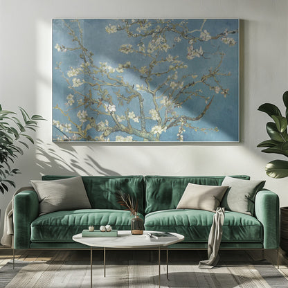 A framed print of Vincent van Gogh's painting 'Almond Blossom,' featuring delicate white blossoms on gnarled branches set against a vibrant turquoise-blue sky. Poster