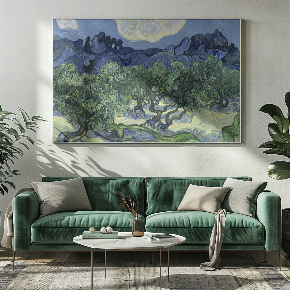 A framed post-impressionist painting by Vincent van Gogh depicting a vibrant landscape of gnarled green olive trees against a backdrop of rolling dark blue mountains under a swirling, stylized sky. Artwork