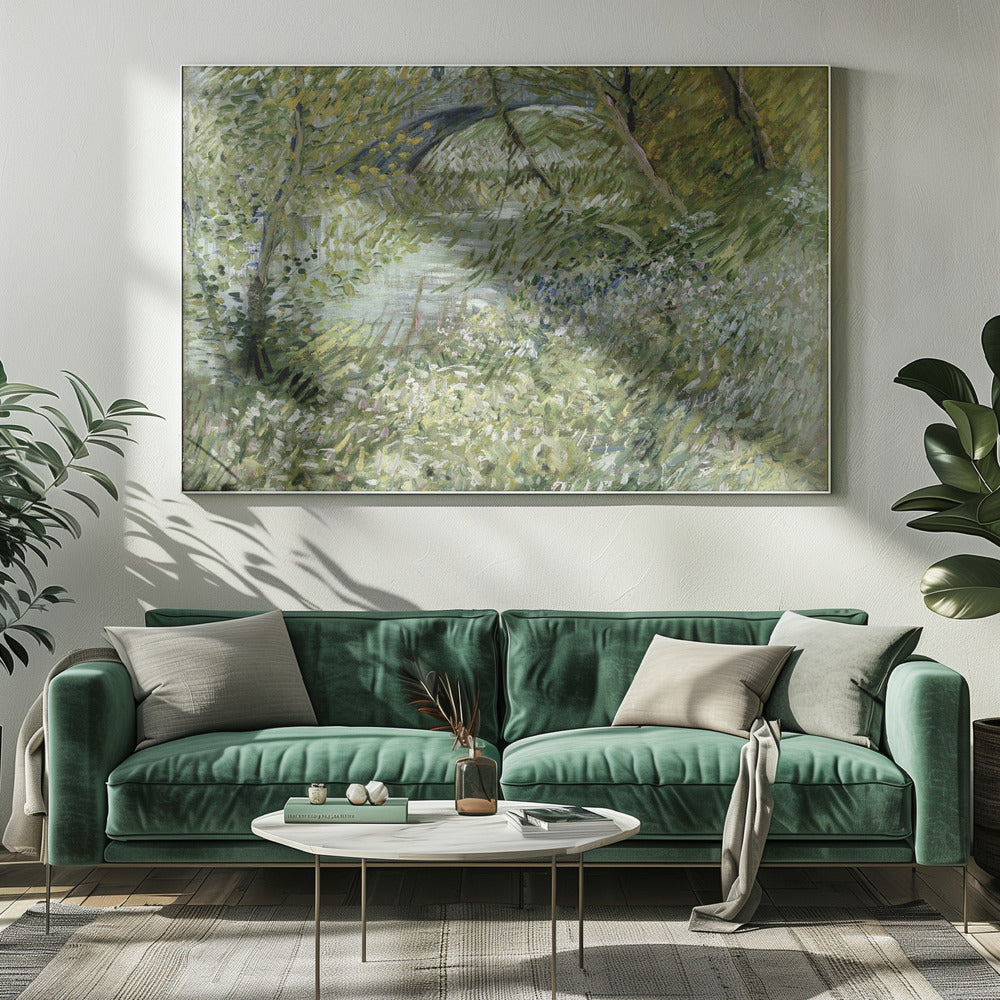 A framed impressionist painting by Vincent van Gogh, depicting the banks of a river. The scene is lush with green foliage and trees. In the foreground, white and blue flowers bloom in the tall grass. A bridge is partially visible in the background through the leaves. The brushwork is energetic and textured. Print