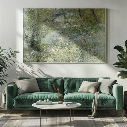 A framed impressionist painting by Vincent van Gogh, depicting the banks of a river. The scene is lush with green foliage and trees. In the foreground, white and blue flowers bloom in the tall grass. A bridge is partially visible in the background through the leaves. The brushwork is energetic and textured. Print