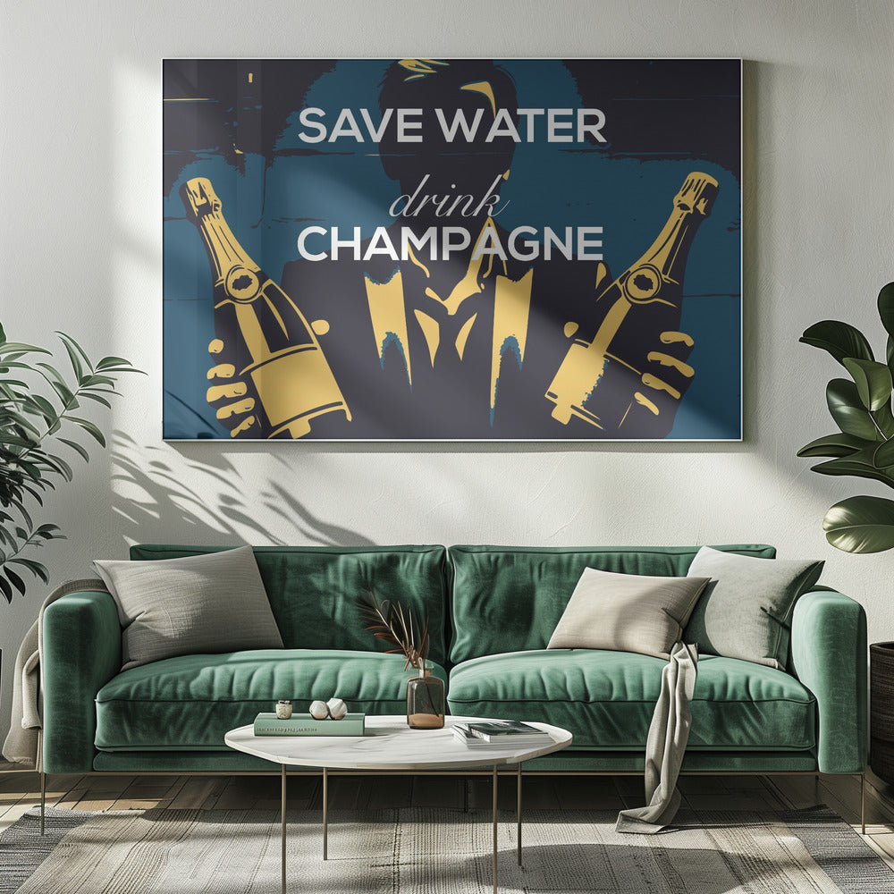 A vintage-style poster with the phrase 'SAVE WATER drink CHAMPAGNE' in white text. The background features a dark blue and black graphic of a man's silhouette in a suit, holding two golden-yellow bottles of champagne. Decor