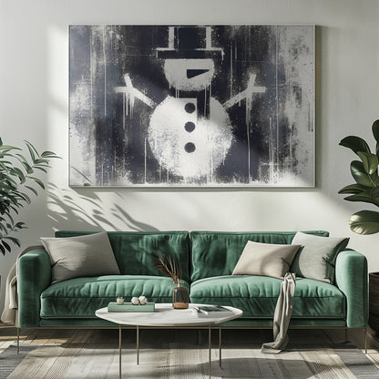 A framed black and white urban art piece featuring a stenciled snowman. The artwork has a gritty, street-art feel with spray paint texture, drips, and splatters on a dark, distressed background. The snowman is white with a black top hat, scarf, buttons, and nose. Decor
