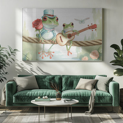 A whimsical watercolor illustration of two green frogs sitting on a thick rope. The frog on the left wears a blue top hat and holds a red rose, while the frog on the right serenades it with a small guitar. A dragonfly flies above them against a soft, natural background. Poster