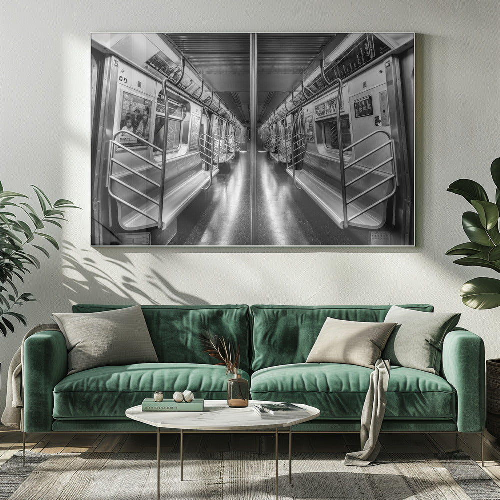 A framed, black and white photograph capturing a perfectly symmetrical view down the aisle of an empty subway car. The reflective, dark floor and the metallic seats and handrails create strong leading lines, giving the image a sense of depth and urban solitude. Wall Art