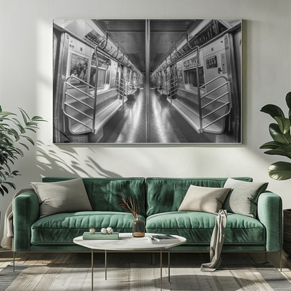 A framed, black and white photograph capturing a perfectly symmetrical view down the aisle of an empty subway car. The reflective, dark floor and the metallic seats and handrails create strong leading lines, giving the image a sense of depth and urban solitude. Wall Art