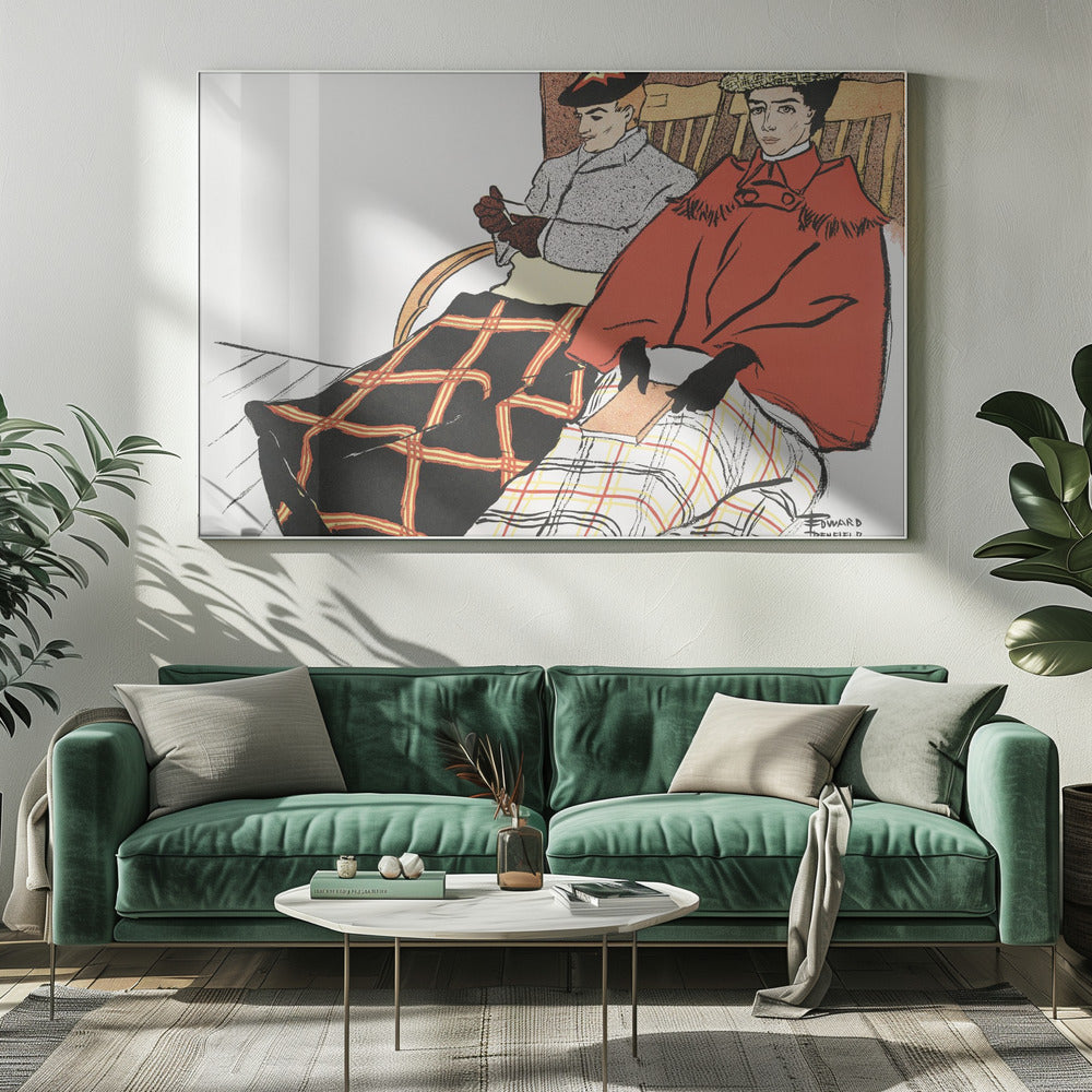 A vintage illustration by Edward Penfield depicting a man and a woman sitting in wooden chairs. The woman in the foreground wears a bright red cape and holds a book, with a white and red plaid blanket on her lap. The man behind her wears a grey coat and has a black and red plaid blanket covering his legs. Poster