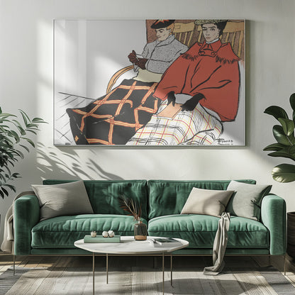 A vintage illustration by Edward Penfield depicting a man and a woman sitting in wooden chairs. The woman in the foreground wears a bright red cape and holds a book, with a white and red plaid blanket on her lap. The man behind her wears a grey coat and has a black and red plaid blanket covering his legs. Poster