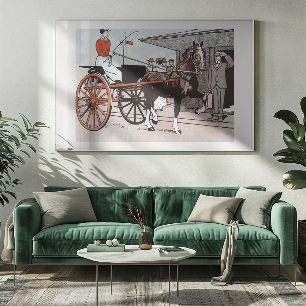 A vintage color illustration depicting a woman in a red jacket driving a two-wheeled carriage with large red wheels. The carriage is pulled by a brown horse. A man in a grey suit stands nearby, tipping his hat in greeting. Wall Art