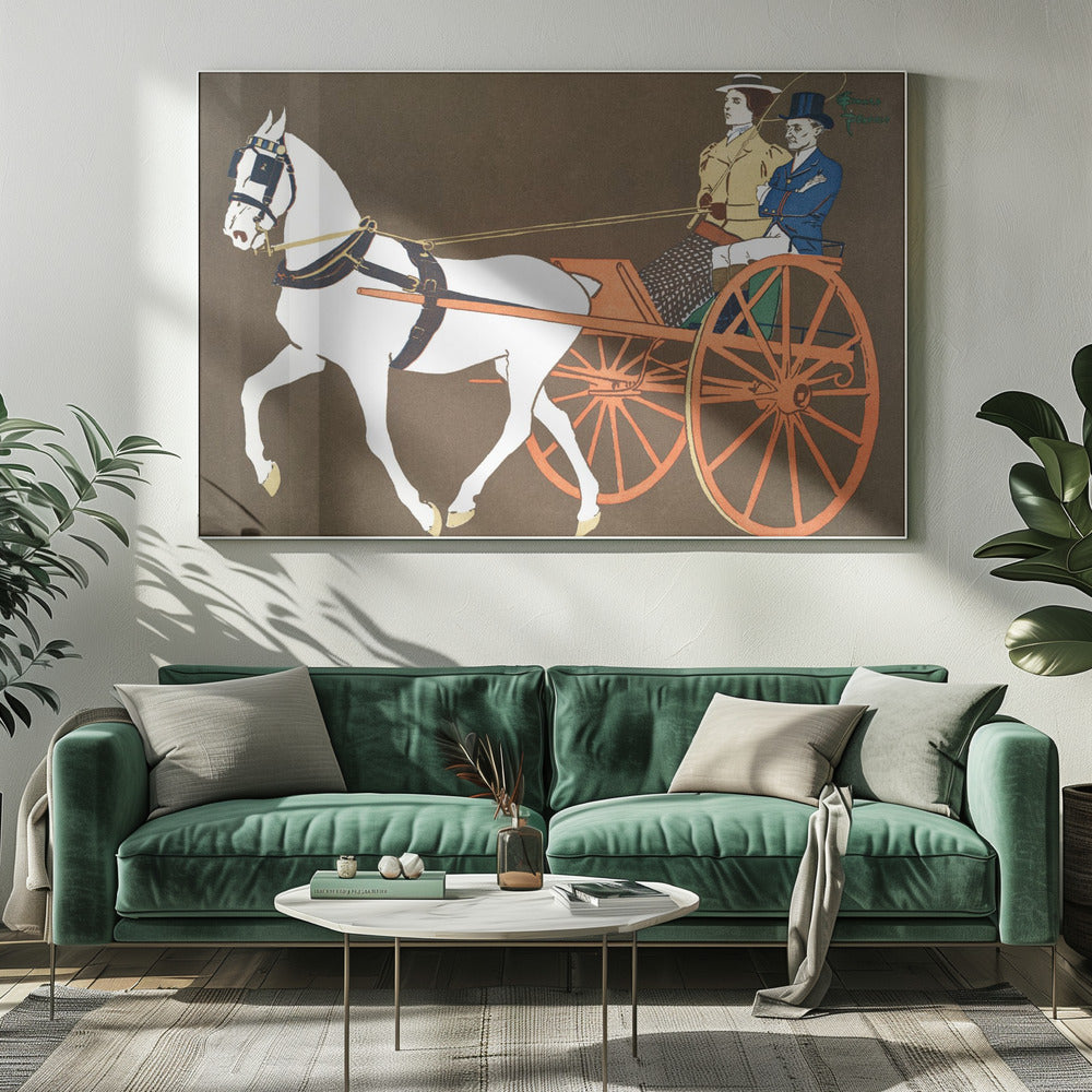 A vintage-style illustration of a white horse pulling an orange two-wheeled carriage against a dark brown background. A woman in a tan coat holds the reins, seated next to a man in a blue coat and top hat. Wall Art
