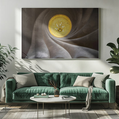 A worm's-eye view of an ornate, golden chandelier set against a swirling, textured dark grey ceiling. The spiraling architectural feature draws the eye to the brightly lit fixture, creating an abstract and dramatic composition. Poster