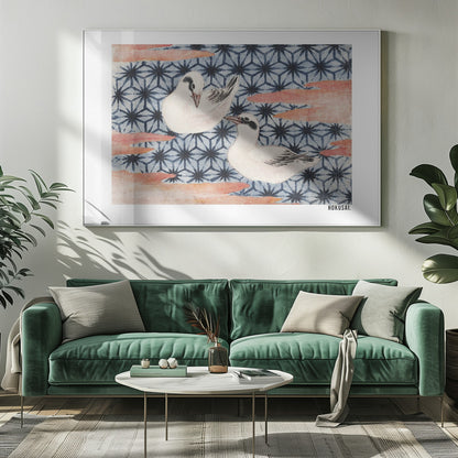 A classic Japanese woodblock print by Hokusai featuring two white birds with black eye markings resting on a background of a traditional blue Asanoha geometric pattern. Soft, reddish-orange cloud-like shapes float across the scene. Print