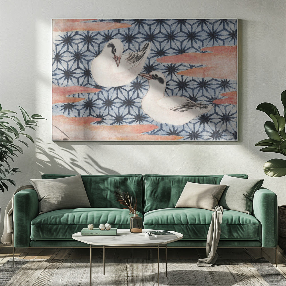 A vintage Japanese woodblock print featuring two white birds with black markings. The birds are set against a blue background with a dark blue Asanoha geometric pattern and reddish-pink, cloud-like shapes. The artwork is enclosed in a silver frame. Wall Art