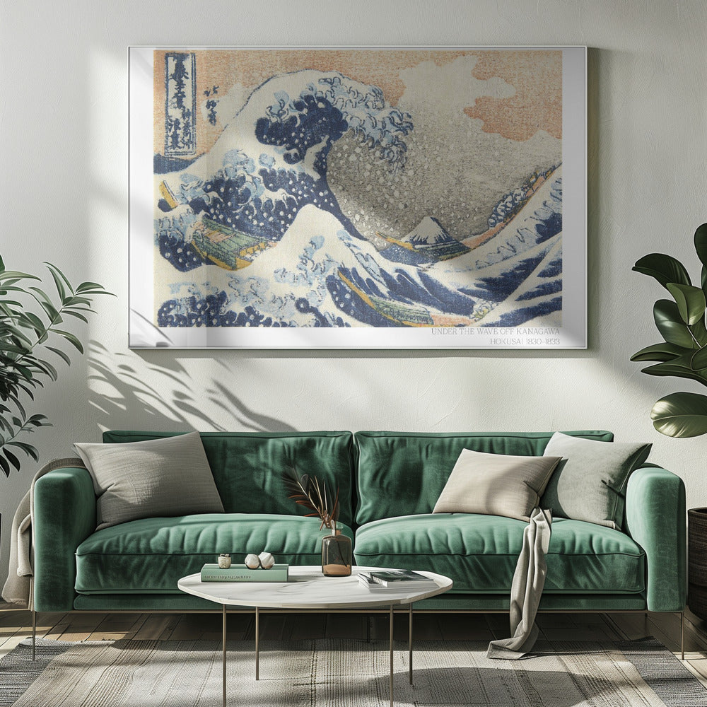 A framed, textured print of Katsushika Hokusai's 'The Great Wave off Kanagawa.' The iconic blue and white wave towers over boats, with a small Mount Fuji in the background under an orange-tinted sky. The artwork has a woven, tapestry-like appearance. Poster