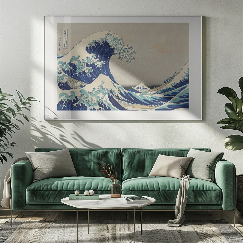 The Great Wave off Kanagawa by Hokusai, a framed Japanese woodblock print depicting a giant, menacing blue and white wave cresting over three boats, with a small Mount Fuji visible in the background under a muted, overcast sky. Artwork