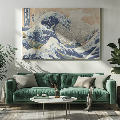 A framed reproduction of Hokusai's 'The Great Wave off Kanagawa,' depicting a massive, curling blue wave with white foam cresting over fishing boats. In the background, a small, snow-capped Mount Fuji stands under a pale orange and grey sky. Poster