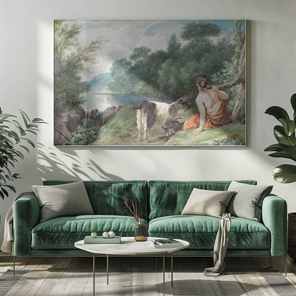 A painting or illustration depicting a shepherdess with her goats in a natural landscape, featuring a calm lake. Wall Art