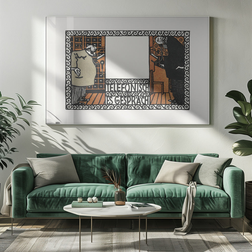 A vintage German art print titled 'Telefonisches Gespräch' (Telephone Conversation). The graphic illustration shows two stylized men on opposite sides of a central panel, talking on old-fashioned telephones. The artwork features a limited color palette of black, orange, and beige, with an ornate, repeating pattern border. Print