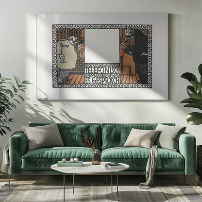 A vintage German art print titled 'Telefonisches Gespräch' (Telephone Conversation). The graphic illustration shows two stylized men on opposite sides of a central panel, talking on old-fashioned telephones. The artwork features a limited color palette of black, orange, and beige, with an ornate, repeating pattern border. Print