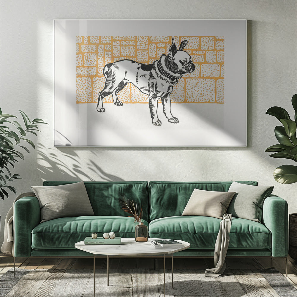 A vintage-style block print illustration of a black and white French Bulldog standing in profile. The dog has large ears and a thick collar, and it is set against a yellow-orange background with a textured brick pattern. The artwork is matted in white and displayed in a silver frame. Wall Art