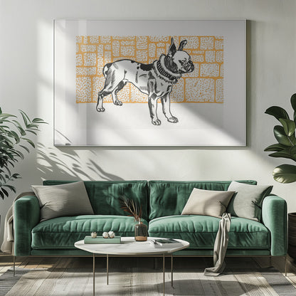 A vintage-style block print illustration of a black and white French Bulldog standing in profile. The dog has large ears and a thick collar, and it is set against a yellow-orange background with a textured brick pattern. The artwork is matted in white and displayed in a silver frame. Wall Art