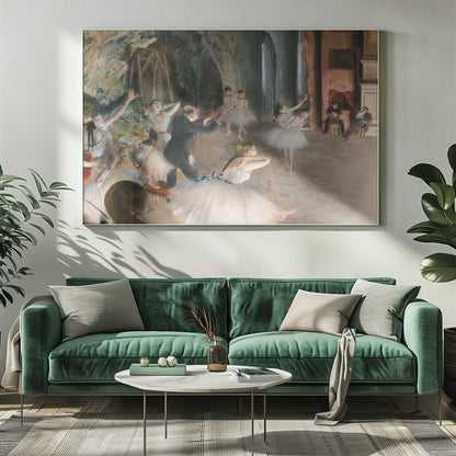 An impressionist painting depicting a ballet rehearsal on a stage. Ballerinas in white tutus practice and stretch while a male instructor in a dark suit directs them. The scene is viewed from the wings, with theatrical scenery in the background and onlookers seated to the right. Wall Art