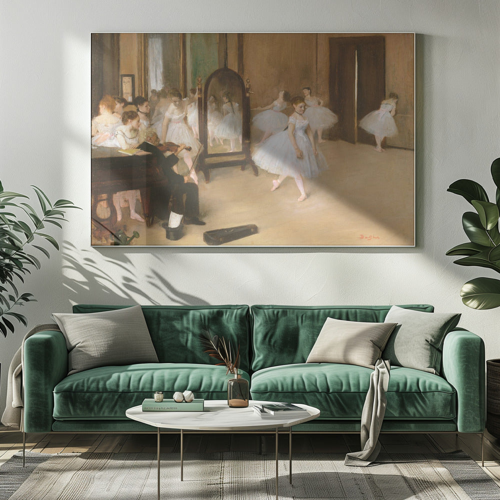 A framed print of Edgar Degas's impressionist painting, 'The Dance Class,' depicting a ballet rehearsal room with several ballerinas in white tutus. A musician plays the violin in the foreground, and the warm-toned room features a large mirror reflecting the dancers. Wall Art