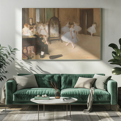 A framed print of Edgar Degas's impressionist painting, 'The Dance Class,' depicting a ballet rehearsal room with several ballerinas in white tutus. A musician plays the violin in the foreground, and the warm-toned room features a large mirror reflecting the dancers. Wall Art