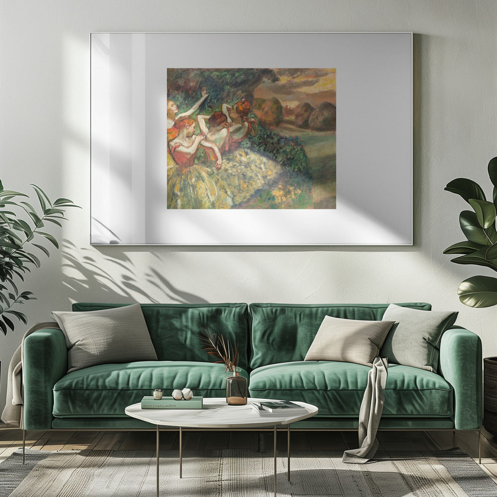 A framed print of Edgar Degas's Impressionist painting 'The Curtain Falls', featuring four ballet dancers in red bodices and green tutus. They are positioned amidst green scenery with a warm, sunset-lit landscape in the background. Artwork