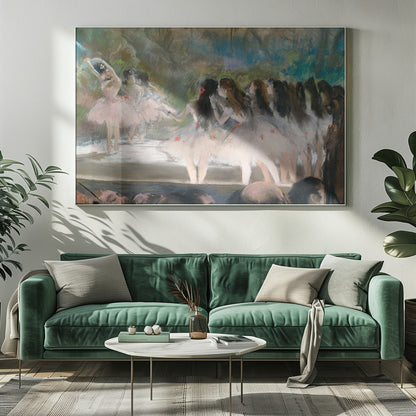 An impressionistic painting by Edgar Degas of a ballet performance, showing ballerinas in pink and white tutus on a stage with a lush backdrop, as seen from the perspective of the audience. The artwork is mounted in a silver frame. Artwork