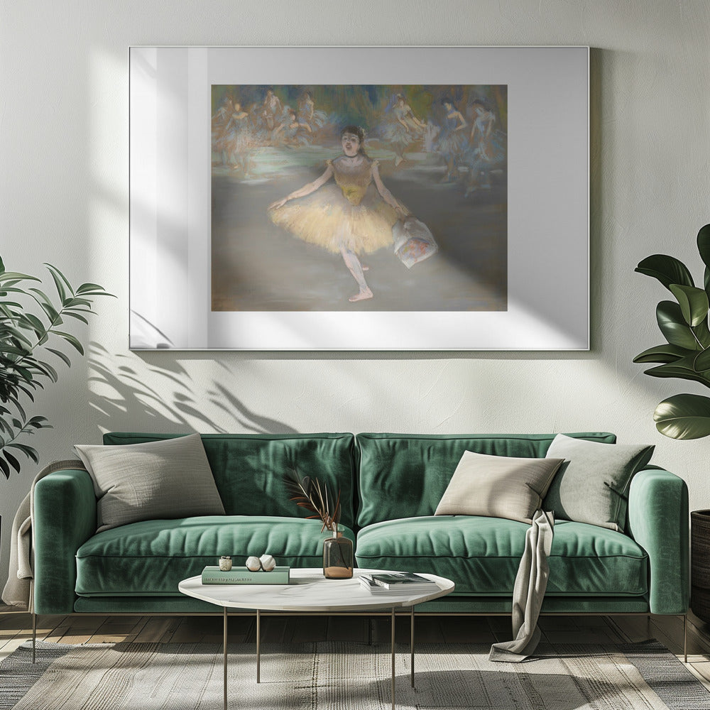 A framed print of the impressionist painting 'Dancer with a Bouquet of Flowers' by Edgar Degas. A ballerina in a yellow tutu is center stage, taking a bow while holding a bouquet. Other dancers in blue tutus are visible in the background. Poster