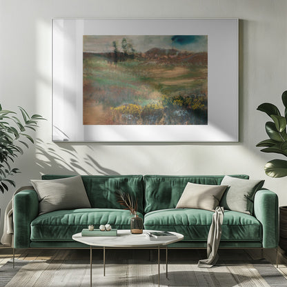 A framed impressionistic painting of a rolling landscape. In the foreground, there are bushes with yellow flowers. The midground features swaths of green and brown grasses, leading to a line of trees and hills in the background under a moody, overcast sky. The artwork is set in a white mat within a silver frame. Artwork