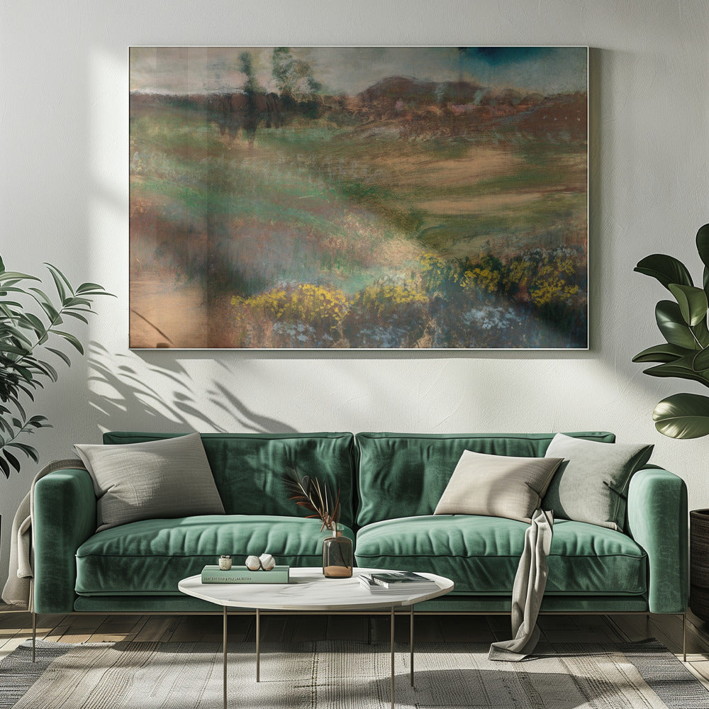 An impressionistic landscape painting in a silver frame, featuring earthy tones of green and brown across rolling hills, with vibrant yellow flowers in the foreground under a muted, stormy sky. Print