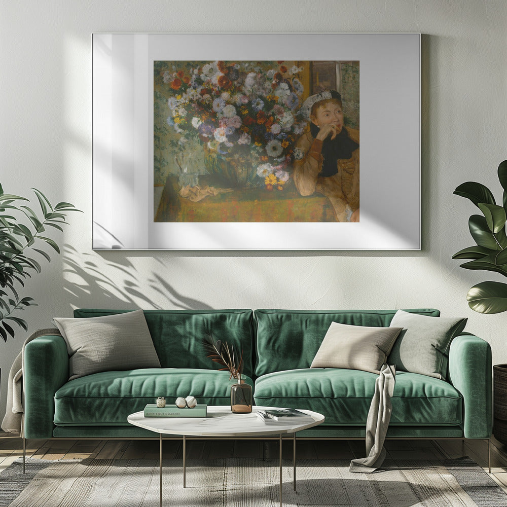 An art print featuring a woman seated beside a vase overflowing with colorful flowers, presented in a painterly style. Wall Art