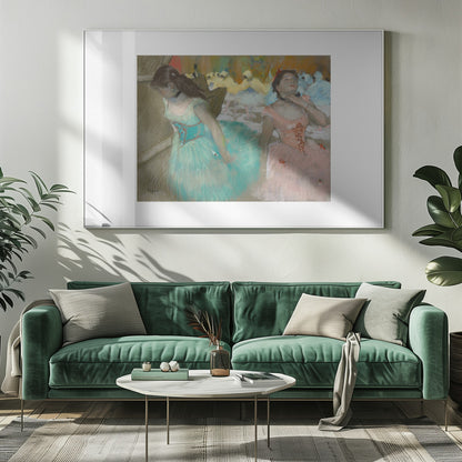 An impressionist pastel painting by Edgar Degas of two ballerinas backstage. One in the foreground wears a teal tutu and looks down, while another beside her in a pink tutu adjusts her choker. Other dancers are visible in the background under warm stage light. Poster