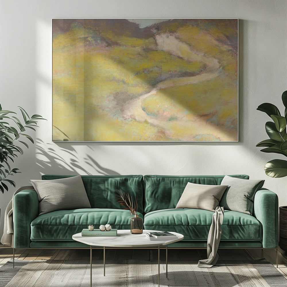 An impressionistic landscape painting in a silver frame. The artwork features a winding, light-colored path meandering through rolling hills rendered in shades of chartreuse and olive green with hints of pink and blue. The distant hills are a darker, muted brown, creating a sense of depth against a pale sky. Decor