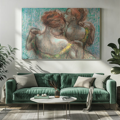 A framed pastel drawing in the Impressionist style depicting two female figures. One woman with reddish-brown hair in an updo is seen from the back, wearing a green dress. Another woman stands behind her, tenderly kissing the top of her head. The background is a textured, vibrant turquoise. Wall Art