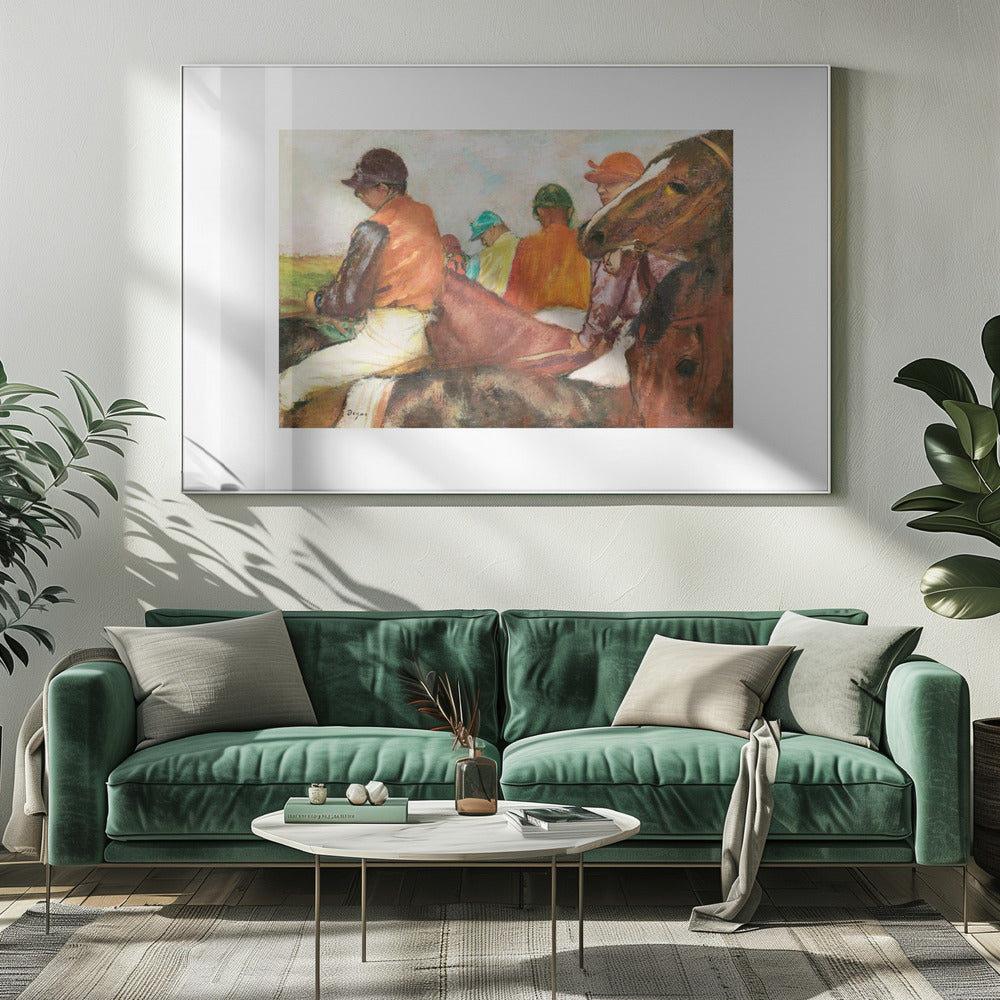 An impressionist painting by Edgar Degas depicting a group of jockeys on horseback. The jockeys wear colorful silks in orange, green, and teal. In the foreground, a brown horse's head is shown in profile, while another jockey in an orange vest is seen from the side. Wall Art