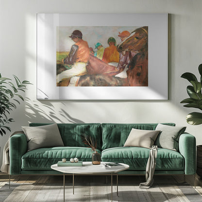 An impressionist painting by Edgar Degas depicting a group of jockeys on horseback. The jockeys wear colorful silks in orange, green, and teal. In the foreground, a brown horse's head is shown in profile, while another jockey in an orange vest is seen from the side. Wall Art