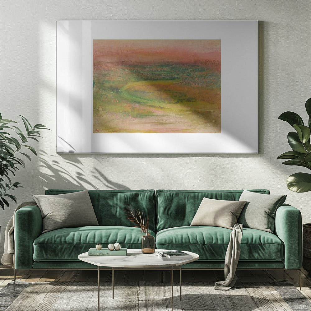 An abstract landscape painting with a soft, hazy aesthetic, featuring a pink and orange sky over a green and earthy-toned rolling terrain with a winding path. The artwork is framed in a silver frame with a wide white mat. Wall Art