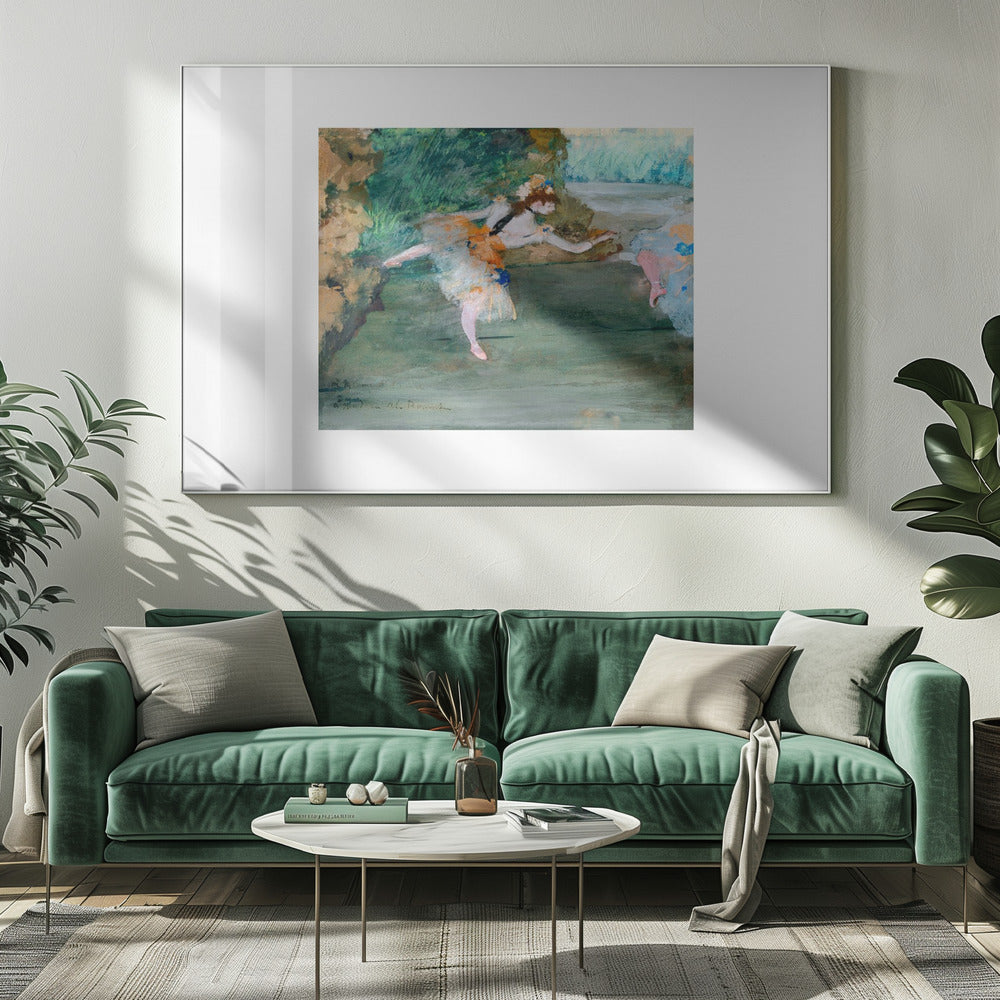 An Impressionist painting of a ballerina mid-dance on a stage, wearing a white and orange tutu. The background is a wash of green and brown tones. The painting is presented within a white mat and a silver frame. Artwork