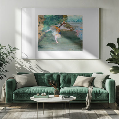 An Impressionist painting of a ballerina mid-dance on a stage, wearing a white and orange tutu. The background is a wash of green and brown tones. The painting is presented within a white mat and a silver frame. Artwork