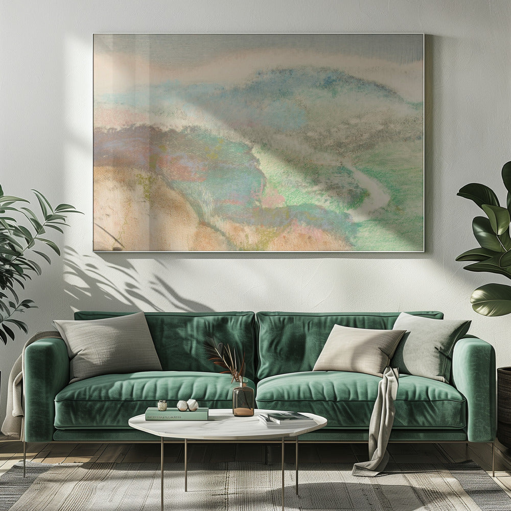 An abstract landscape painting in a silver frame, featuring soft, blended colors. Muted green and blue hills recede into a hazy, pale sky, while a winding white path cuts through a valley. The overall texture is soft and dreamlike. Decor