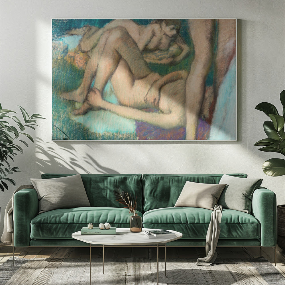 An impressionistic pastel drawing by Edgar Degas depicting several nude female figures in various lounging poses. The figures are set against a richly textured background of deep green and teal, with visible energetic pastel strokes defining their forms and the surrounding space. Decor