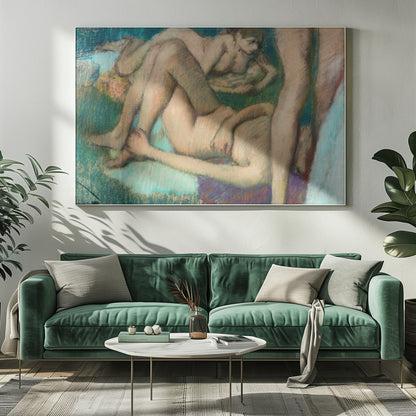 An impressionistic pastel drawing by Edgar Degas depicting several nude female figures in various lounging poses. The figures are set against a richly textured background of deep green and teal, with visible energetic pastel strokes defining their forms and the surrounding space. Decor