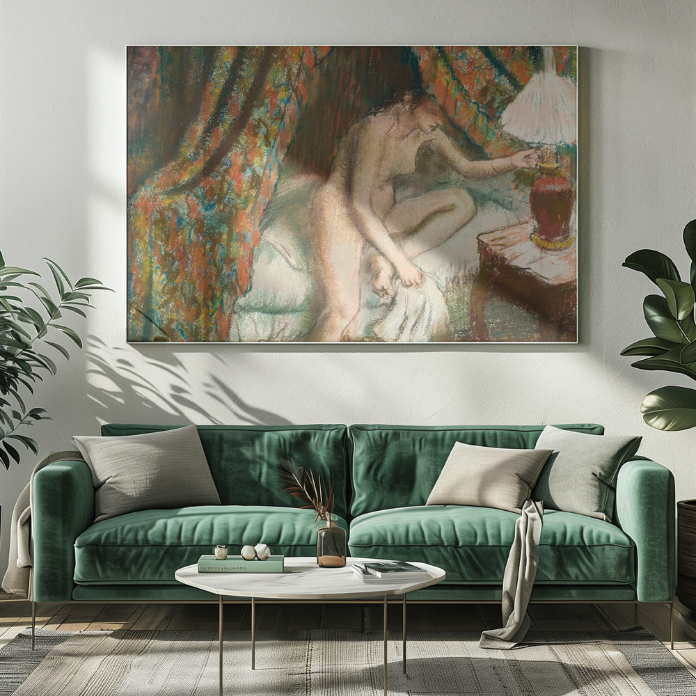 An Impressionist pastel painting of a nude woman sitting on the edge of a bed. She is reaching to turn on a bedside lamp. The background features a heavily patterned, colorful curtain, and the entire scene is rendered with soft, textured strokes and framed in silver. Poster