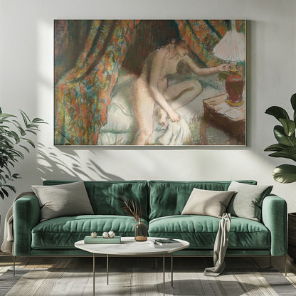 An Impressionist pastel painting of a nude woman sitting on the edge of a bed. She is reaching to turn on a bedside lamp. The background features a heavily patterned, colorful curtain, and the entire scene is rendered with soft, textured strokes and framed in silver. Poster